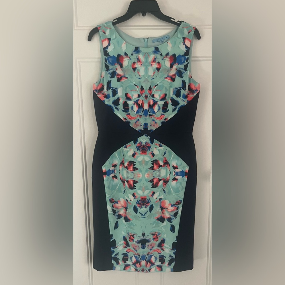 Antonio Melani Navy & Green Print Sheath Dress, Sz 8